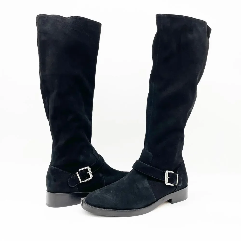 NEW Schutz Luidi Womens 7 Buckled Suede Leather Knee Boot Black Side Zip